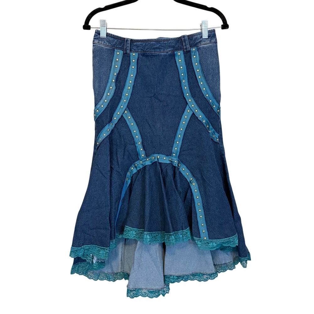 Gizia Denim Mermaid Skirt Blue Size 36 4 Y2K Studded Lace Trim Eclectic Luxury